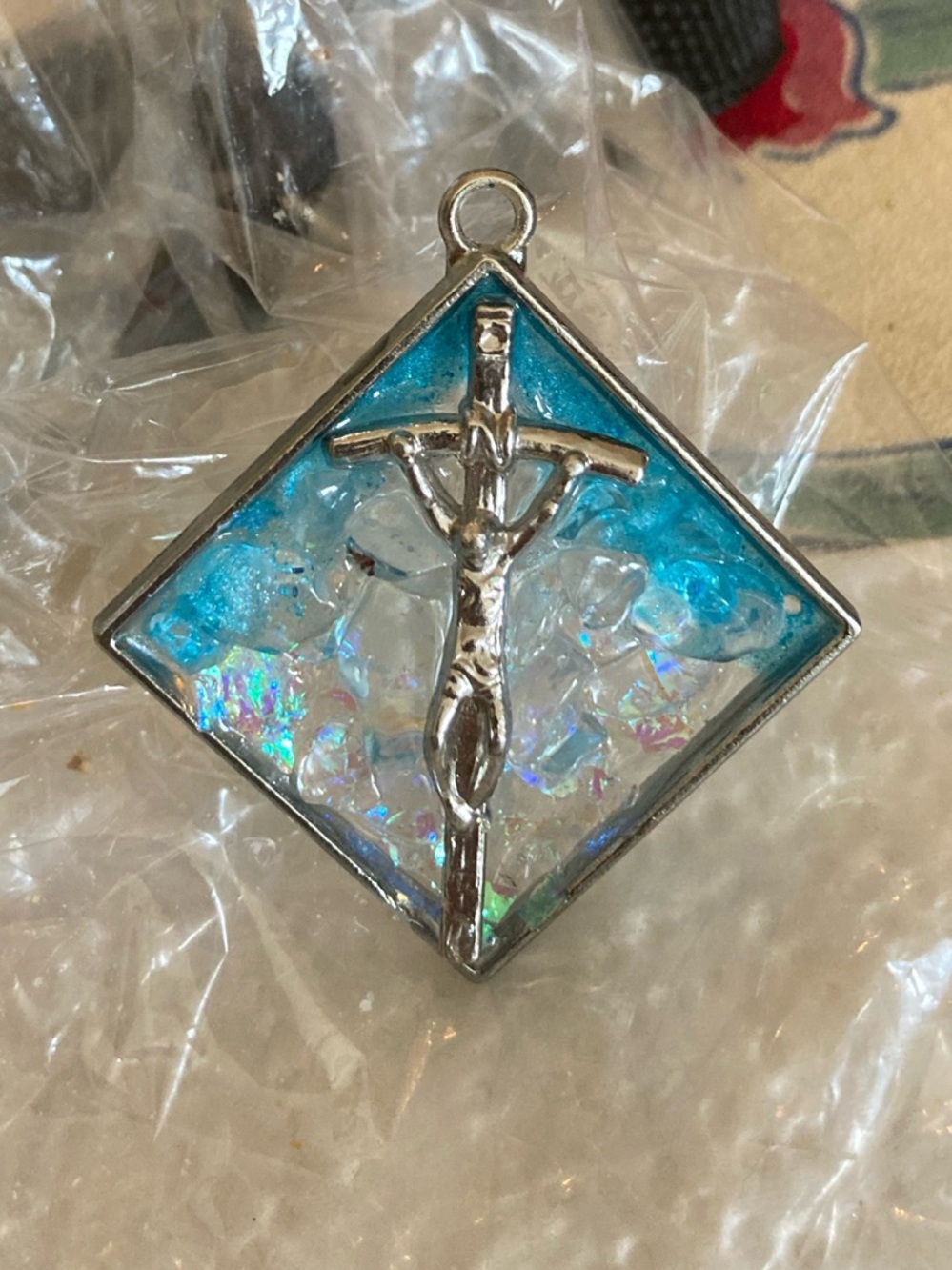 Cross Pendant with Quartz Crystal and Blue Elements. New Item. Never Worn.